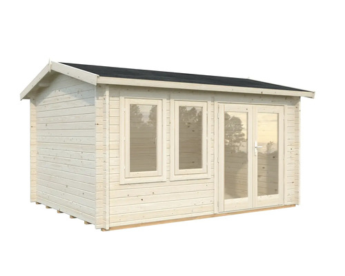 Gartenhaus aus Holz mit Fenstern und Doppeltür