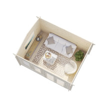 Innenansicht eines Gartenhauses mit Sofa, Sessel, Couchtisch und Teppich