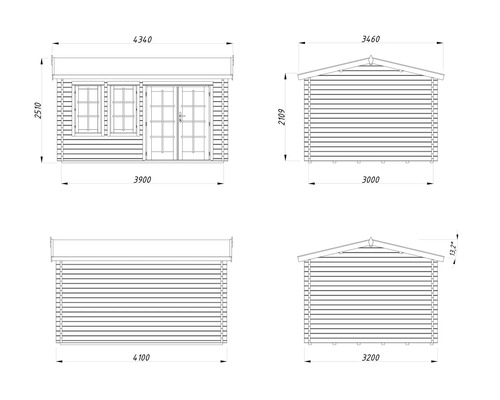 Technische Zeichnung eines Gartenhauses mit Maßangaben