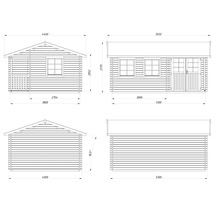 Technische Zeichnung eines Gartenhauses mit Maßangaben.