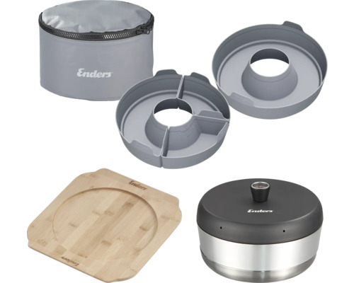 Mobiler Camping-Backofen Enders VAMO für Backen, Garen und Kochen, kompatibel mit Kochern, Grills oder Herdplatten (außer Induktion), Fassungsvermögen ca. 2,3 Liter integriertes Thermometer inkl. Silikonformen-Set, Untersetzer, Transporttasche Enders Aurora Grill Zubehör Set mit Tragetasche, Ablageschale, Schneidebrett und Deckel