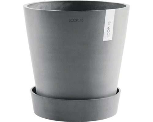 Ecopots Blumentopf mit Untersetzer aus recyceltem Kunststoff, rund, grau.