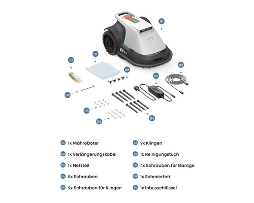 Mähroboter mit Verlängerungskabel, Netzteil, Schrauben, Klingen, Reinigungstuch, Schmierfett und Inbusschlüssel