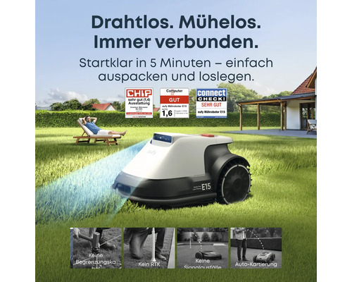 Eufy Mähroboter E15 im Einsatz auf einer Rasenfläche mit Person im Hintergrund