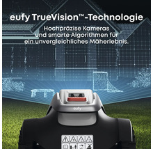 Nahaufnahme eines Rasenmähroboters mit Eufy TrueVision Technologie für präzises Mähen