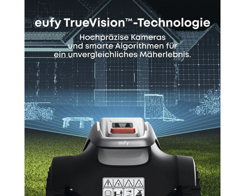 Nahaufnahme eines Rasenmähroboters mit Eufy TrueVision Technologie für präzises Mähen