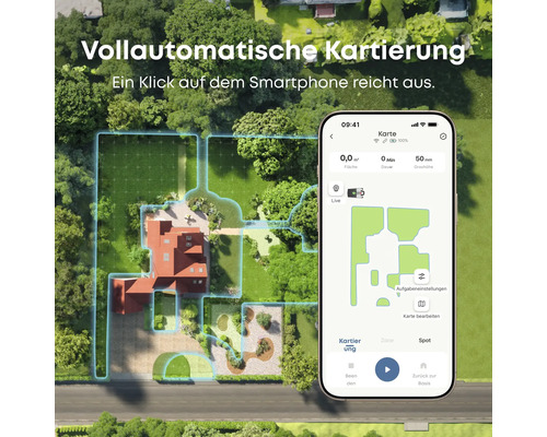 Automatische Kartierung eines Gartens mit einem Mähroboter, gesteuert per Smartphone.