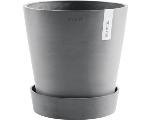 Runder Ecopots Blumentopf mit Untersetzer aus recyceltem Kunststoff in Anthrazit.