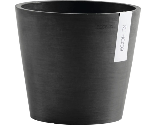 Runder Ecopots Blumentopf aus recyceltem Kunststoff in Schwarz.