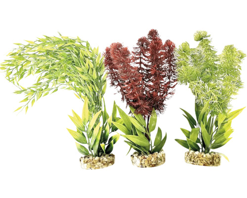 Drei künstliche Aquarienpflanzen mit Steinbasis