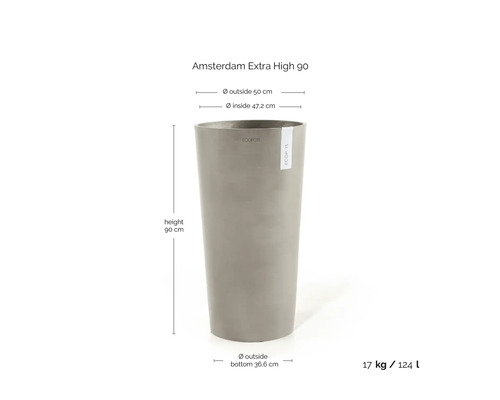 Grauer Pflanzkübel Ecopots Amsterdam Extra High 90, Höhe 90 Zentimeter, Außendurchmesser 50 Zentimeter, Gewicht 17 Kilogramm, Volumen 124 Liter.