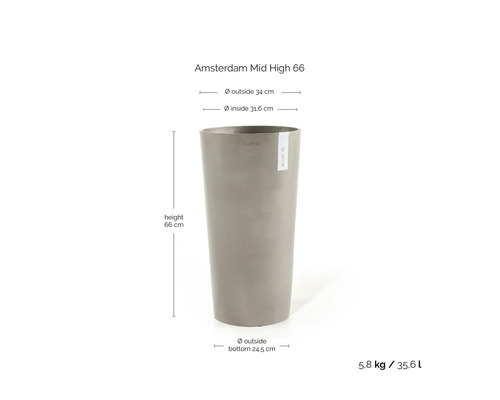 Graues Ecopots Amsterdam Mid High 66 Pflanzgefäß: Höhe 66 Zentimeter, Durchmesser 34 Zentimeter, Gewicht 5,8 Kilogramm, Volumen 35,6 Liter.