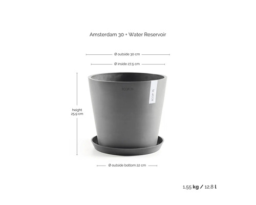 Ecopots Amsterdam 30 Blumentopf mit Wasserreservoir, Höhe 25,9 Zentimeter, Durchmesser 30 Zentimeter, Gewicht 1,55 Kilogramm, Volumen 12,8 Liter.