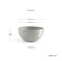 Ecopots Pflanzschale Brussel 30 mit Maßen: Außendurchmesser 30 Zentimeter, Innendurchmesser 28,3 Zentimeter, Höhe 14,8 Zentimeter.