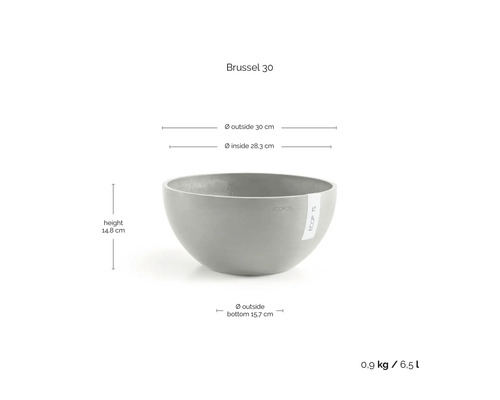 Ecopots Pflanzschale Brussel 30 mit Maßen: Außendurchmesser 30 Zentimeter, Innendurchmesser 28,3 Zentimeter, Höhe 14,8 Zentimeter.