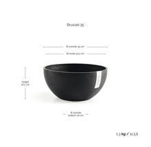 Schwarze Pflanzschale Brussel 35 mit Maßangaben: Höhe 16,7 Zentimeter, Außendurchmesser 35 Zentimeter, Volumen 11,5 Liter.