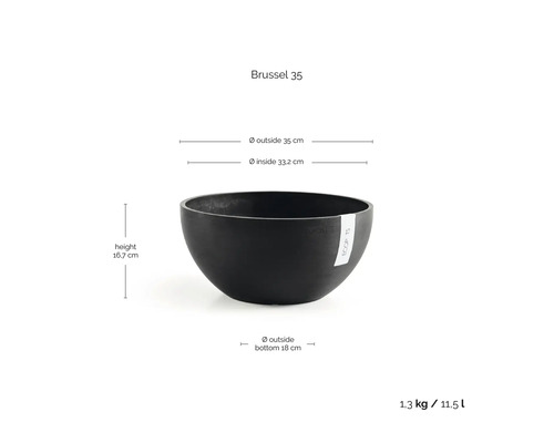 Schwarze Pflanzschale Brussel 35 mit Maßangaben: Höhe 16,7 Zentimeter, Außendurchmesser 35 Zentimeter, Volumen 11,5 Liter.