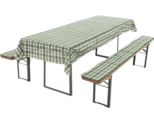 Bierzeltgarnitur mit karierter Tischdecke und Bankauflagen