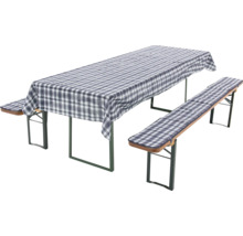 Festzeltgarnitur mit karierter Tischdecke und Bankauflagen