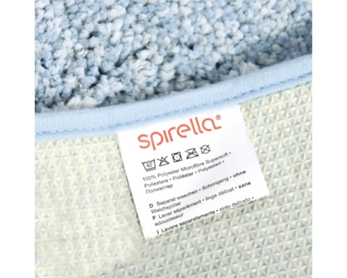 Spirella Logo und Pflegehinweise für einen Teppich aus 100 Prozent Polyester Microfaser Supersoft