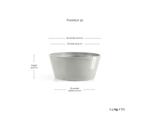 Grauer Pflanztopf Ecopots Frankfurt 30: Höhe 15,6 Zentimeter, Außendurchmesser 30,6 Zentimeter, Volumen 8 Liter, Gewicht 0,9 Kilogramm.