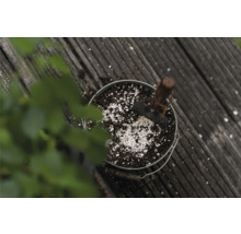 Gefäß mit Pflanzerde, Perlit und einer kleinen Schaufel auf einer Holzoberfläche