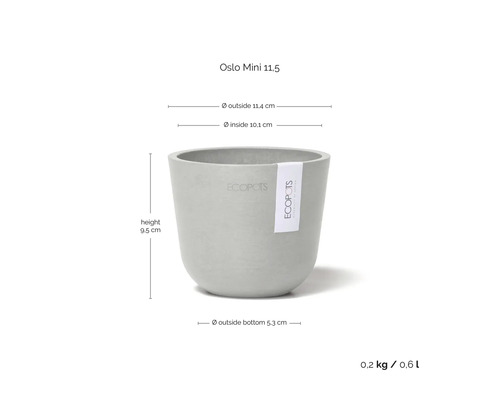 Grauer Ecopots Blumentopf Oslo Mini 11,5 aus recyceltem Kunststoff, Höhe 9,5 Zentimeter, Durchmesser 11,4 Zentimeter, Volumen 0,6 Liter.