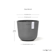 Grauer Blumentopf Ecopots Oslo Mini 16 mit 16 Zentimeter Außendurchmesser, 13,7 Zentimeter Höhe und 1,9 Liter Volumen.
