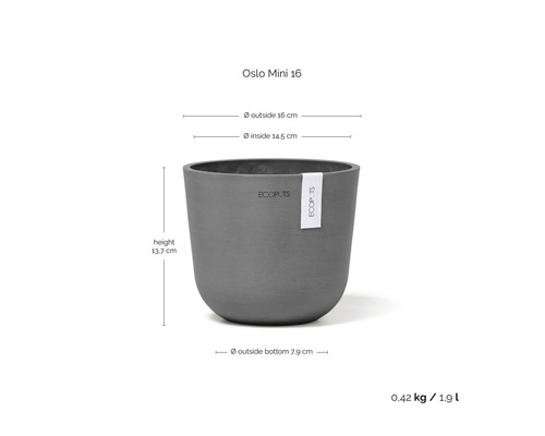 Grauer Blumentopf Ecopots Oslo Mini 16 mit 16 Zentimeter Außendurchmesser, 13,7 Zentimeter Höhe und 1,9 Liter Volumen.