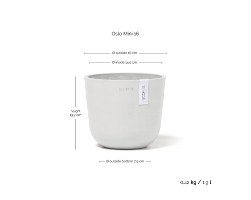 Blumentopf Ecopots Oslo Mini 16 mit einer Höhe von 13,7 Zentimeter und einem Außendurchmesser von 16 Zentimeter, Volumen 1,9 Liter.