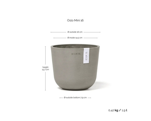 Ecopots Oslo Mini 16 Blumentopf: Höhe 13,7 Zentimeter, Durchmesser 16 Zentimeter, Gewicht 0,42 Kilogramm, Volumen 1,9 Liter.
