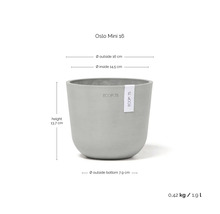 Grauer Ecopots Blumentopf Oslo Mini 16 aus recyceltem Kunststoff, Höhe 13,7 Zentimeter, Außendurchmesser 16 Zentimeter, Volumen 1,9 Liter.