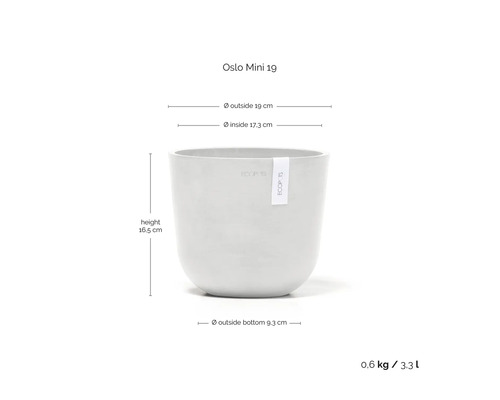 Ecopots Oslo Mini 19 Blumentopf: Außendurchmesser 19 Zentimeter, Innendurchmesser 17,3 Zentimeter, Höhe 16,5 Zentimeter, Volumen 3,3 Liter.