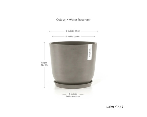 ECOPOTS Oslo 25 Blumentopf in Grau mit Untersetzer und Wasserspeicher, Höhe 21,4 Zentimeter, Durchmesser 25 Zentimeter, Volumen 7,7 Liter.
