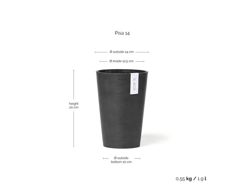 Blumentopf Ecopots Pisa 14 mit Maßen: Höhe 20 Zentimeter, Außendurchmesser 14 Zentimeter, Innendurchmesser 12,5 Zentimeter, Volumen 1,9 Liter.