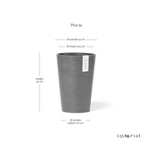 Ecopots Blumentopf Pisa 14: Höhe 20 Zentimeter, Außendurchmesser oben 14 Zentimeter, Durchmesser unten 10 Zentimeter, Volumen 1,9 Liter.