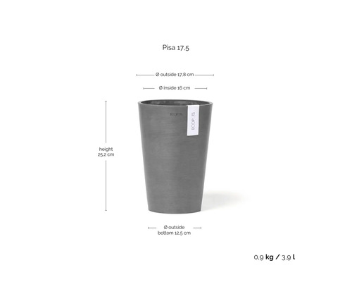 Ecopots Pisa 17,5 Pflanzgefäß: Höhe 25,2 Zentimeter, Durchmesser oben 17,8 Zentimeter, innen 16 Zentimeter, unten 12,5 Zentimeter.