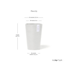Ecopots Pisa 17.5 Blumentopf mit Maßangaben: Höhe 25,2 Zentimeter, Außendurchmesser 17,8 Zentimeter, Volumen 3,9 Liter.