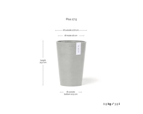 Ecopots Pisa 17,5: Höhe 25,2 Zentimeter, Außen 17,8 Zentimeter, Innen 16 Zentimeter, Boden 12,5 Zentimeter, Volumen 3,9 Liter.