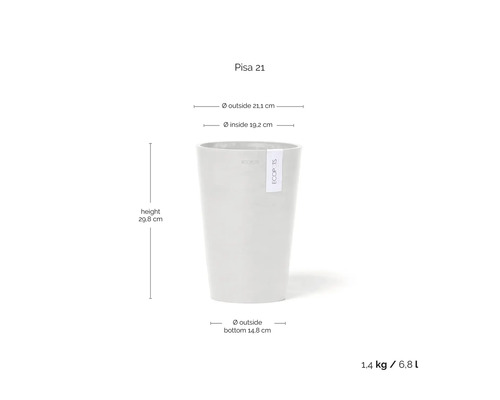 Ecopots Blumentopf Pisa 21: Höhe 29,8 Zentimeter, Außendurchmesser 21,1 Zentimeter, Volumen 6,8 Liter, Gewicht 1,4 Kilogramm.