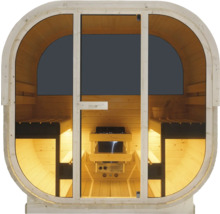 Holzfasssauna mit Glastür und Saunaofen