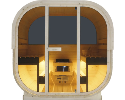 Holzfasssauna mit Glastür und Saunaofen