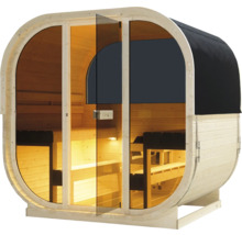 Holzfasssauna mit Glastür und Bänken