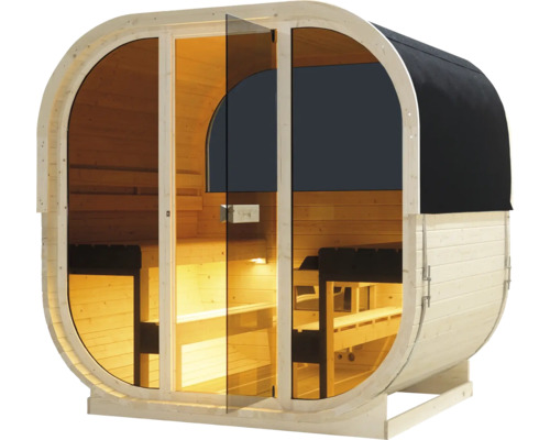 Holzfasssauna mit Glastür und Bänken
