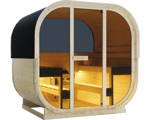 Fasssauna aus Holz mit Glastür und schwarzem Dach