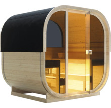 Fasssauna aus Holz mit Glastür