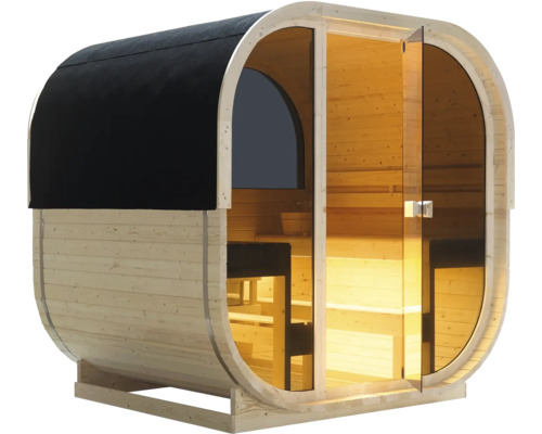 Fasssauna aus Holz mit Glastür