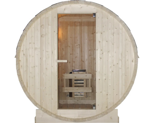 Fasssauna aus Holz mit Eingangstür