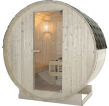 Fasssauna mit Glastür und integrierter Beleuchtung