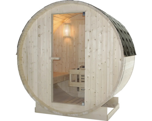 Fasssauna mit Glastür und integrierter Beleuchtung